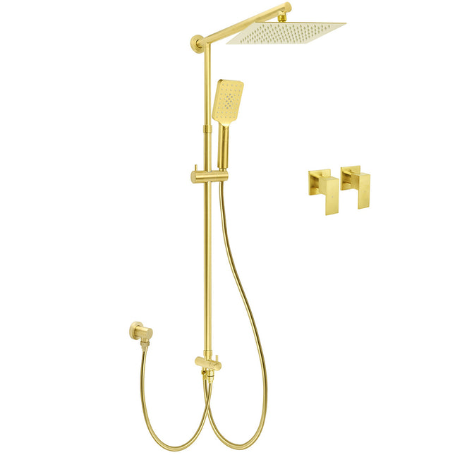 Brushed Gold Square 10" Rain Head 3 Mode Handheld Sliding Rail Wall Arm Dual Shower Taps Set.