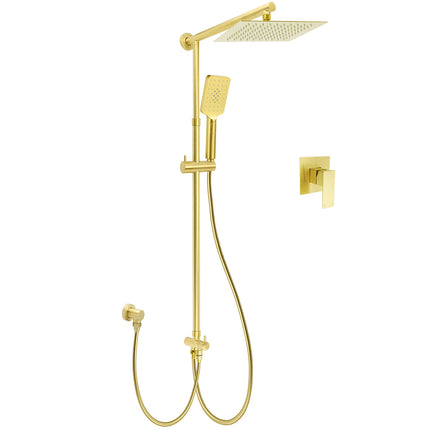 WELS Brushed Gold Square 10" Rain Head 3 Mode Handheld Sliding Rail Wall Mixer 2in1 Shower Set.