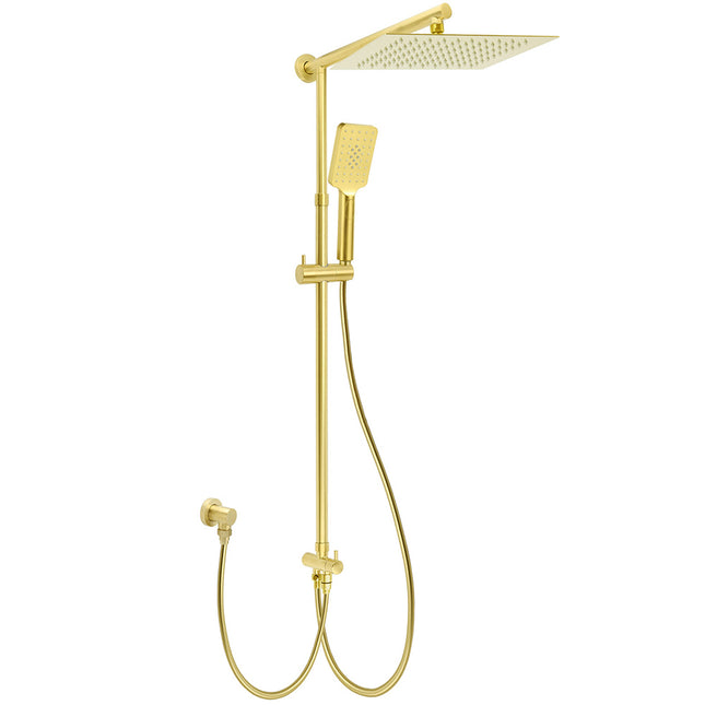 Brushed Gold Square 12" Large Rain Head 3 Mode Handheld Rose Sliding Rail Arm Twin Shower Set.