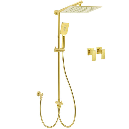 Brushed Gold Square 12" Rain Head 3 Mode Handheld Rose Sliding Rail Wall Arm Dual Shower Taps Set.
