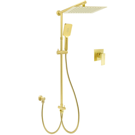 WELS Brushed Gold Square 12" Rainfall Head 3 Modes Handheld Sliding Rail Wall Mixer 2in1 Shower Set.