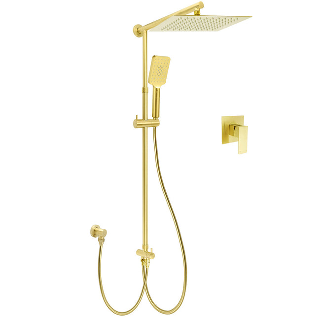 WELS Brushed Gold Square 12" Rainfall Head 3 Modes Handheld Sliding Rail Wall Mixer 2in1 Shower Set.