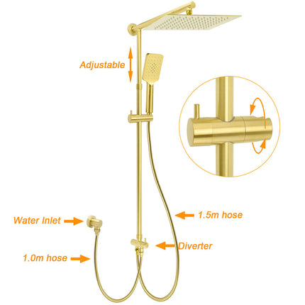 WELS Brushed Gold Square 12" Rainfall Head 3 Modes Handheld Sliding Rail Wall Mixer 2in1 Shower Set.