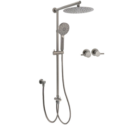 WELS Gun Metal 2in1 Round Shower 10" Rain Head 3 Mode Handheld Sliding Rail Twin Taps Set.