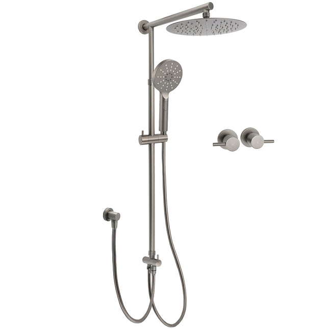 WELS Gun Metal 2in1 Round Shower 10" Rain Head 3 Mode Handheld Sliding Rail Twin Taps Set.