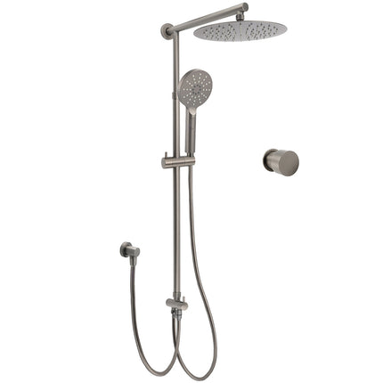 WELS Gun Metal Dual Round Shower 10" Rain Head 3 Mode Handheld Sliding Rail Arm Mixer Set.