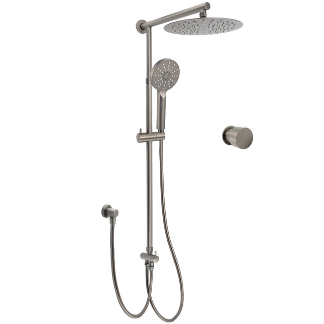 WELS Gun Metal Dual Round Shower 10" Rain Head 3 Mode Handheld Sliding Rail Arm Mixer Set.