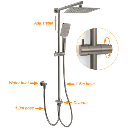 WELS Gun Metal 2in1 Shower Set Square 10" Rain Head Handheld Adjustable Silde Rail Combo.