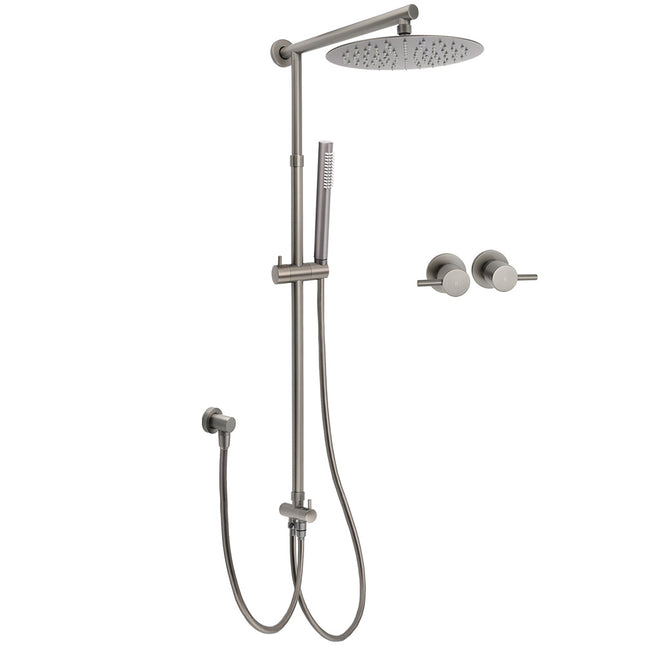 WELS Gun Metal 2in1 Round Shower 10" Rain Head Single Mode Handheld Sliding Rail Twin Taps Set.