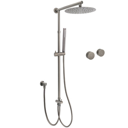 WELS Gun Metal Dual Round Shower Head 10" Rain Head Stainless Steel Handheld Sliding Rail Diverter Set.