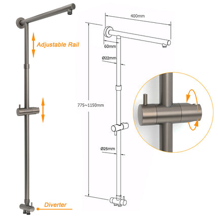WELS Gun Metal Dual Round Shower Head 10" Rain Head Stainless Steel Handheld Sliding Rail Diverter Set.