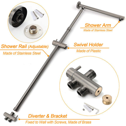 WELS Gun Metal Dual Round Shower Head 10" Rain Head Stainless Steel Handheld Sliding Rail Diverter Set.