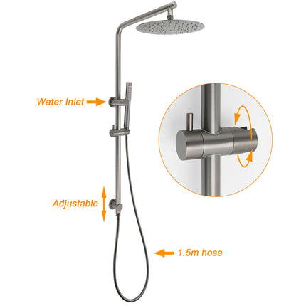WELS Gun Metal Dual Round Shower Head 10" Rain Head Stainless Steel Handheld Sliding Rail Diverter Set.