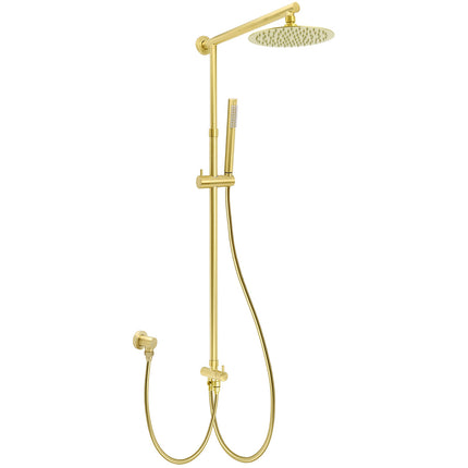 WELS Brushed Gold Twin Shower 8" Round Head Set Single Mode Handheld Rose Sliding Rail Arm.