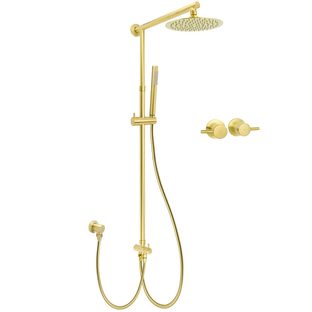WELS Brushed Gold 8" Round Shower Head Stainless Steel Handheld Rose Sliding Rail Twin Taps Set.