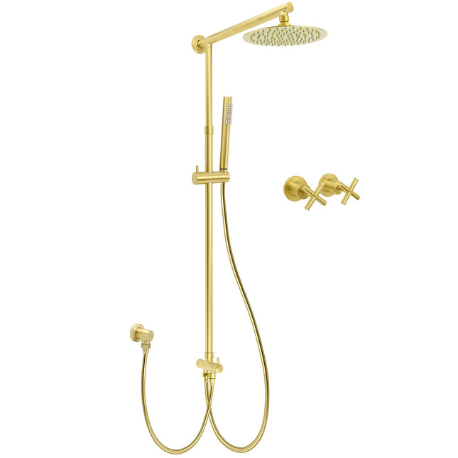 WELS Brushed Gold Shower 8" Round Head Stainless Steel Handheld Rose Sliding Rail Mixer Dual Set.