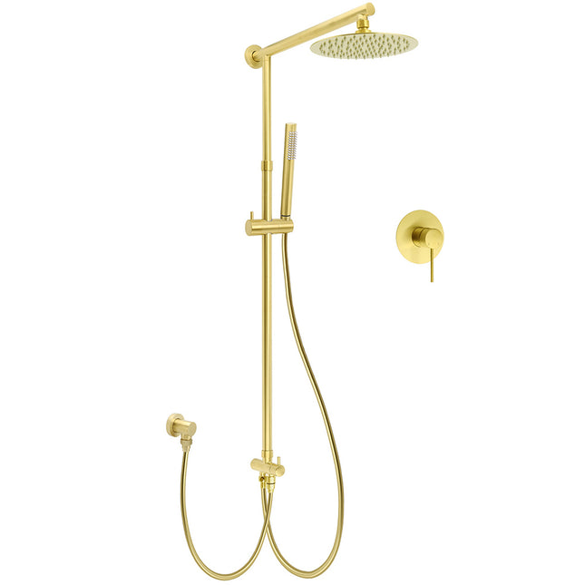 WELS Brushed Gold Twin Shower 8" Round Head One Mode Handheld Rose Sliding Rail With Mixer Set.