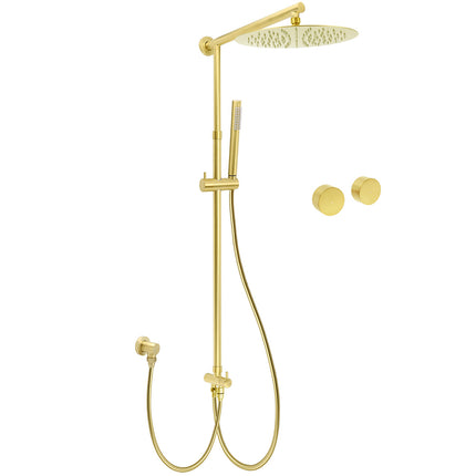 WELS Brushed Gold Rain Shower 12" Head Ergonomic Handheld Rose Sliding Rail Round Taps Set.