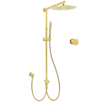 Brushed Gold Dual Round Shower 12" Top Head Simple Stick Handheld Sliding Rail Arm Mixer Valve.