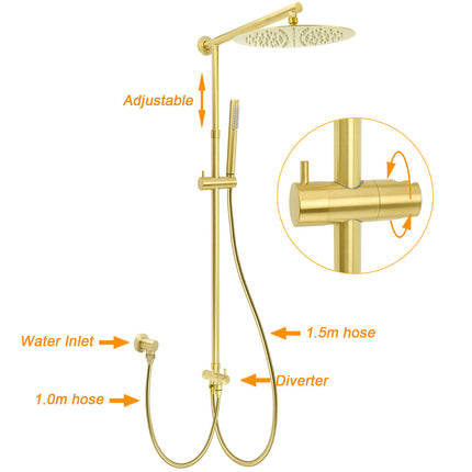 Brushed Gold Dual Round Shower 12" Top Head Simple Stick Handheld Sliding Rail Arm Mixer Valve.