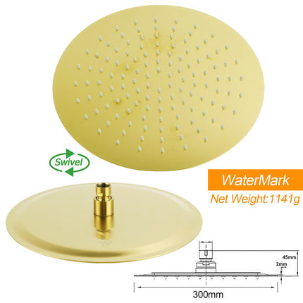 Brushed Gold Dual Round Shower 12" Top Head Simple Stick Handheld Sliding Rail Arm Mixer Valve.