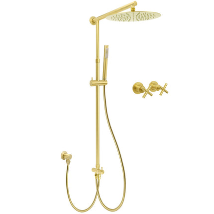 Brushed Gold 12" Large Shower Head One Spray Mode Handheld Rose Sliding Rail Arm Round Mixer Set.