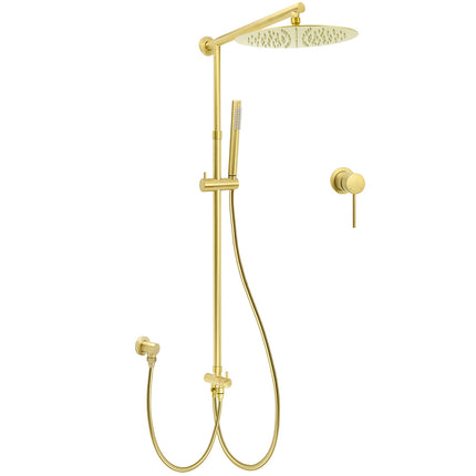 WELS Brushed Gold Dual Large Round Shower Set 12" Rain Head Stainless Steel Handheld Sliding Rail Small Face Mixer.