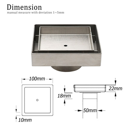 Stainless Steel 100mm Square Tile Insert Shower Grate Floor Drain 50mm Outlet.
