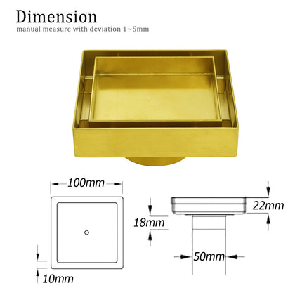 Brushed Gold 100mm Square Tile Insert Floor Drain Tiny Shower Grate 50mm Waste.