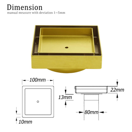 Brushed Gold 100x100mm Tile Insert Floor Drain Square Shower Grate 80mm Waste.