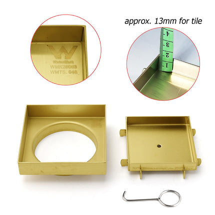 Brushed Gold 100x100mm Tile Insert Floor Drain Square Shower Grate 80mm Waste.