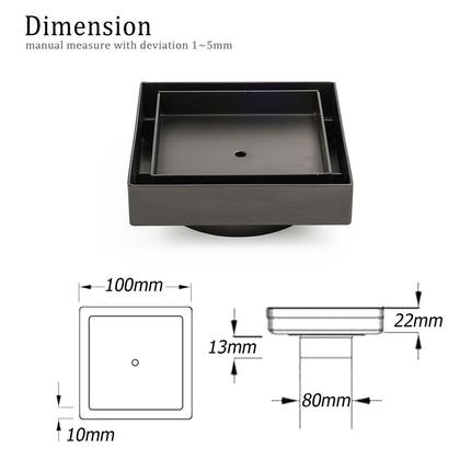 Gun Metal 100x100mm Square Tile Insert Floor Drain Small Shower Grate 80mm Waste.