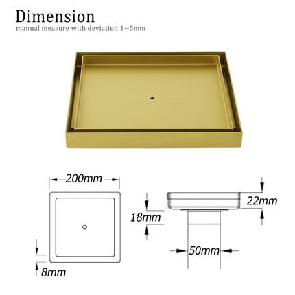 Brushed Gold Large 200mm Tile Insert Floor Drain Shower Grate 50mm Waste Outet.