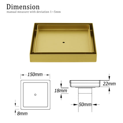 Brushed Gold Square 150x150mm Tile Insert Floor Drain Shower Grate 50mm Waste.