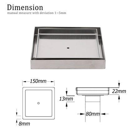 Square 150x150mm Tile Insert Floor Drain 80mm Waste Stainless Steel Shower Grate.