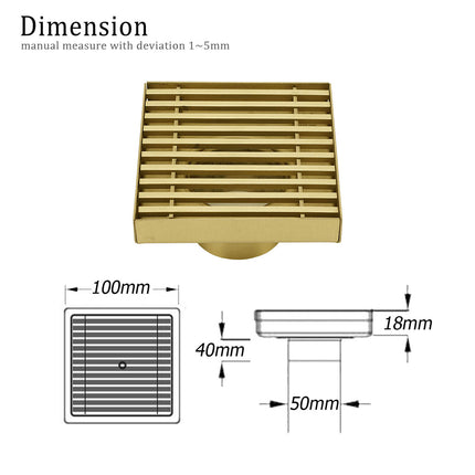 Brushed Gold Smart Square 100mm Strip Fence Floor Drain Shower Grate 50mm Waste.