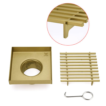 Brushed Gold Smart Square 100mm Strip Fence Floor Drain Shower Grate 50mm Waste.