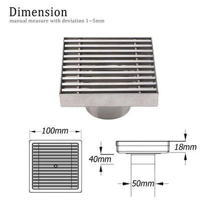 Bathroom SUS 100mm Square Strip Fence Sword Shower Grate Floor Drain 50mm Outlet.