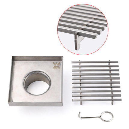 Bathroom SUS 100mm Square Strip Fence Sword Shower Grate Floor Drain 50mm Outlet.