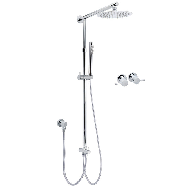 WELS Chrome Round 8" Thin Rainfall Head Metal Handheld Sliding Rail Arm Dual Shower Twin Taps Set.