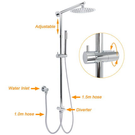 WELS Chrome Round 2in1 8" Stainless Steel Rainfall Head Handheld Sliding Wall Rail Shower Mixer Set.