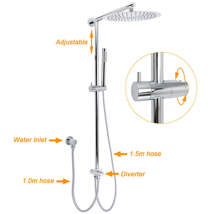 WELS Round Large 12" Rain 2in1 Shower Head Stainless Steel Handheld Wall Rail Brass Twin Taps Set.
