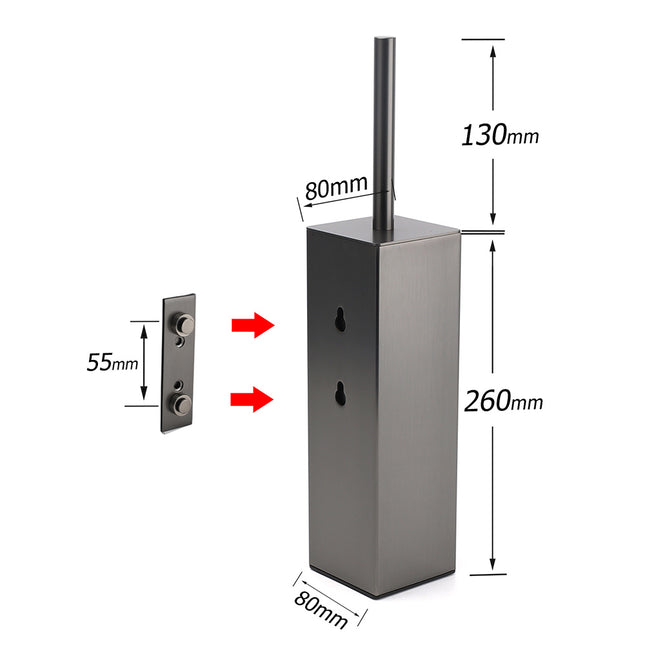 Bathroom Gun Metal Grey Square Toilet Brush 304 Stainless Steel Holder Cup Kit.
