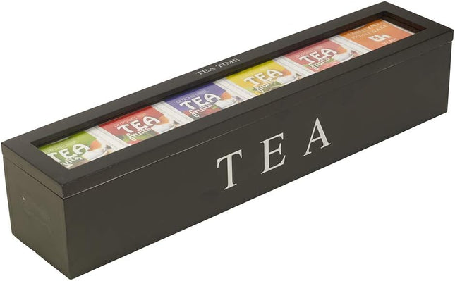 Tea box - Tea box 6 compartments - Wooden tea box - Suitable for loose tea - Black.
