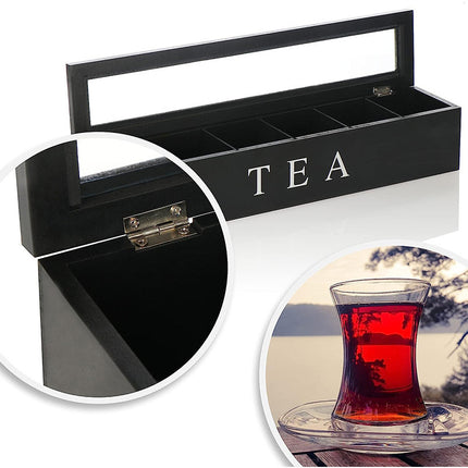 Tea box - Tea box 6 compartments - Wooden tea box - Suitable for loose tea - Black.