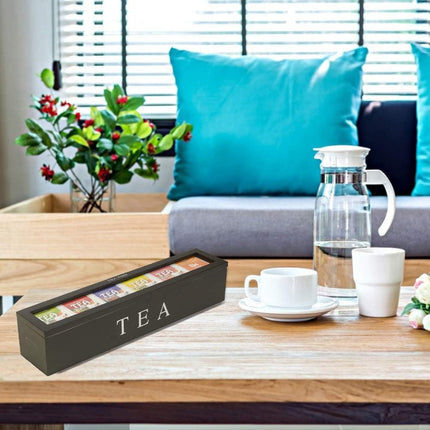 Tea box - Tea box 6 compartments - Wooden tea box - Suitable for loose tea - Black.