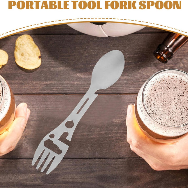 Stainless Steel Spoon and Fork - 10-in-1 Multi-Tool - Works as a combination spoon, fork, knife, bottle opener and wrench - Ideal for picnics, travel, backpacking, hiking and fishing - Silver.