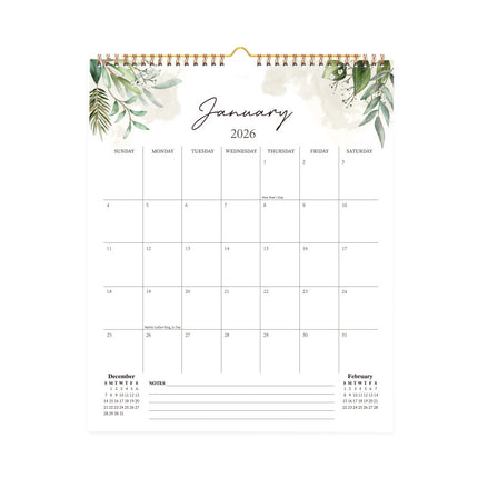 Calendar 2026 - Hangable 12 Months - Calendar - With wire-o-binding - Yearly calendar - Monthly planner - Wall calendar - 37 x 30cm - Green branches and leaves.