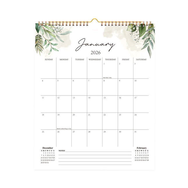 Calendar 2026 - Hangable 12 Months - Calendar - With wire-o-binding - Yearly calendar - Monthly planner - Wall calendar - 37 x 30cm - Green branches and leaves.