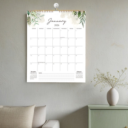 Calendar 2026 - Hangable 12 Months - Calendar - With wire-o-binding - Yearly calendar - Monthly planner - Wall calendar - 37 x 30cm - Green branches and leaves.